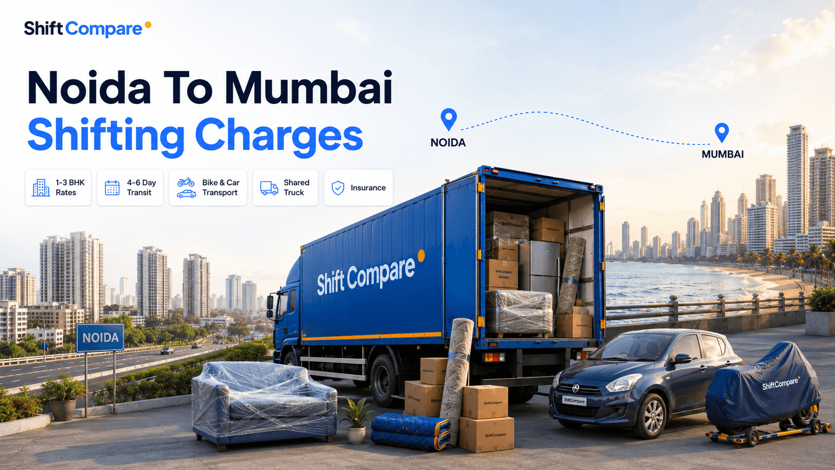 Noida to Mumbai packers and movers charges by BHK, truck mode and transit cover
